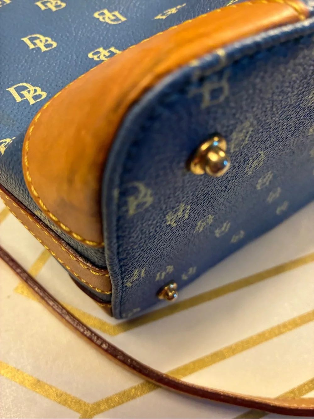 EUC Vintage Dooney and Bourke Blue Monogram Satchel with Tan Trim